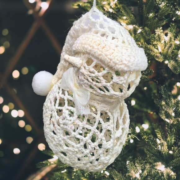 Handmade Crochet Snowman Ornament – Glitter Accents – Vintage Charm – Needs TLC - Picture 5 of 10